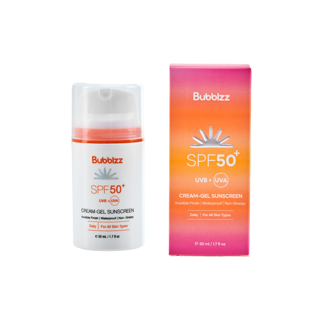 Bubbizz SPF 50+ sunscreen cream and packaging on a white background