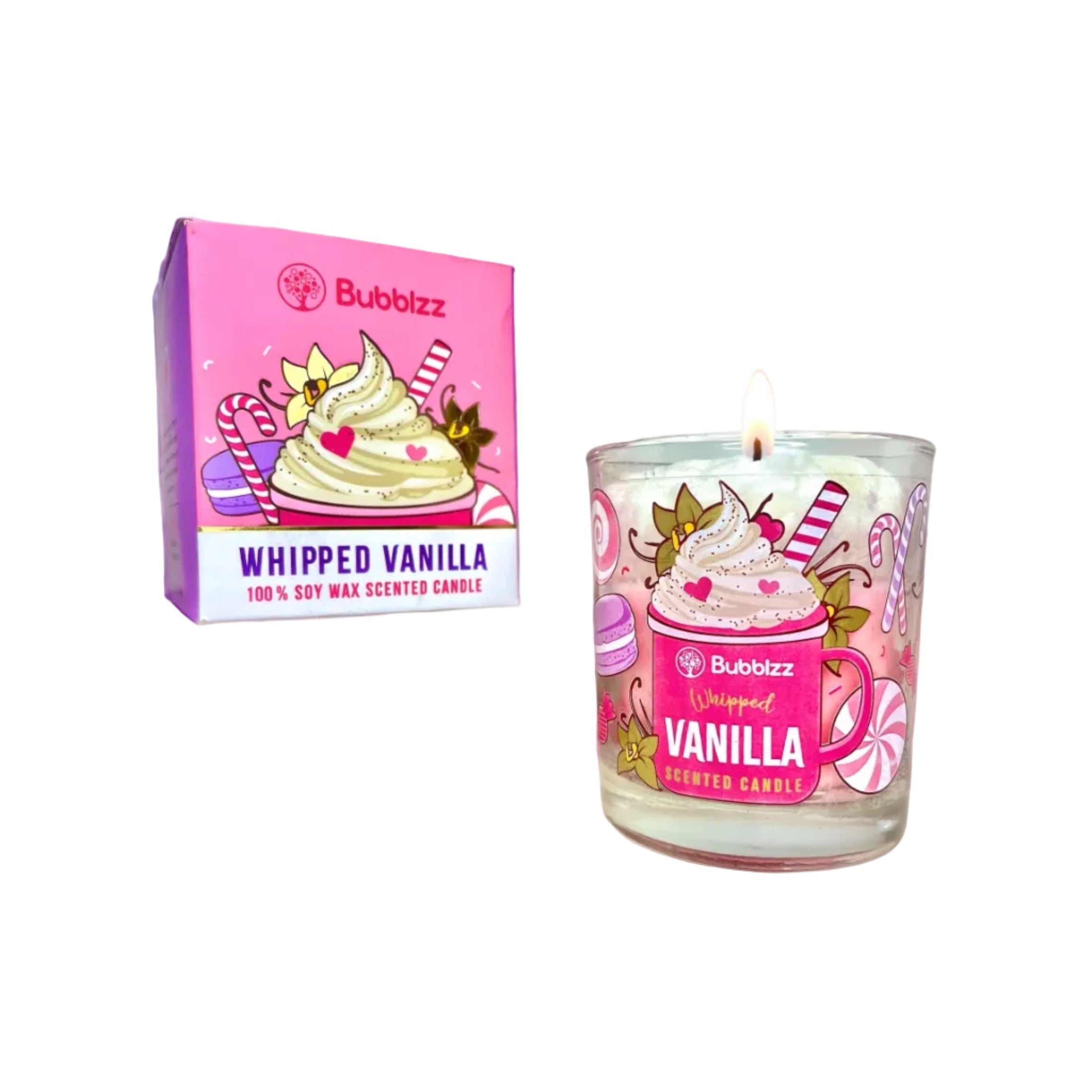 Bubblicz candle with packaging on a pink background