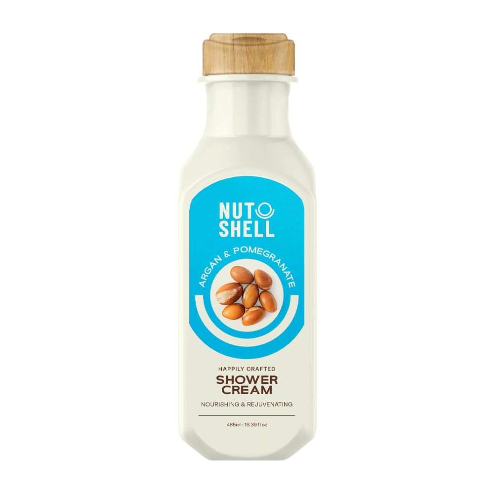 Bottle of Nut to Shell shower cream with a wooden cap on a white background