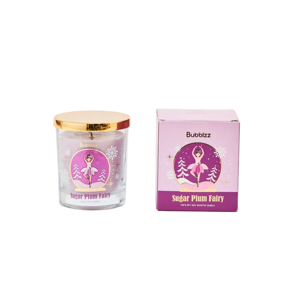 Candle and packaging with 'Sugar Plum Fairy' design on a white background