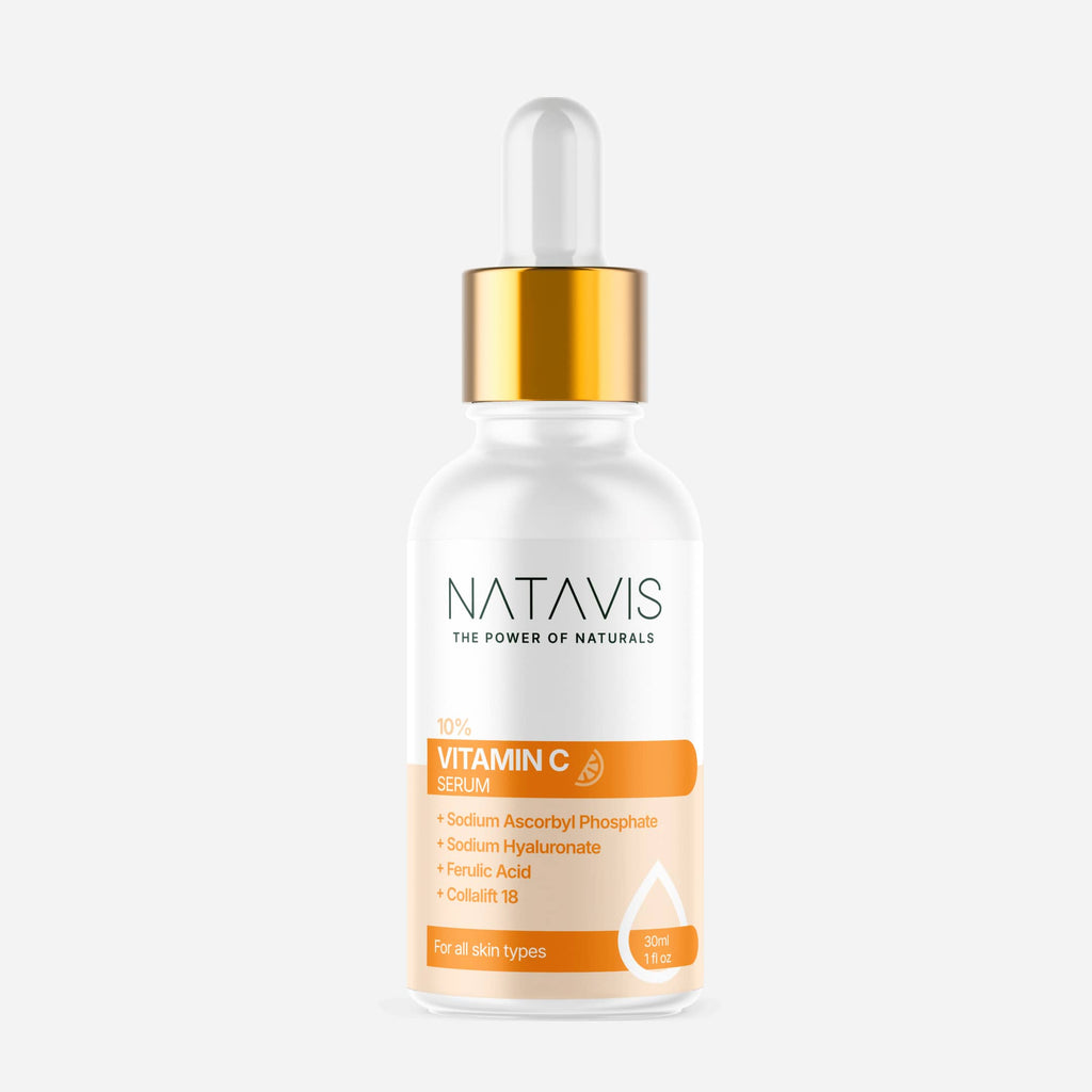 A bottle of Natavis Vitamin C Serum with a dropper, against a white background.