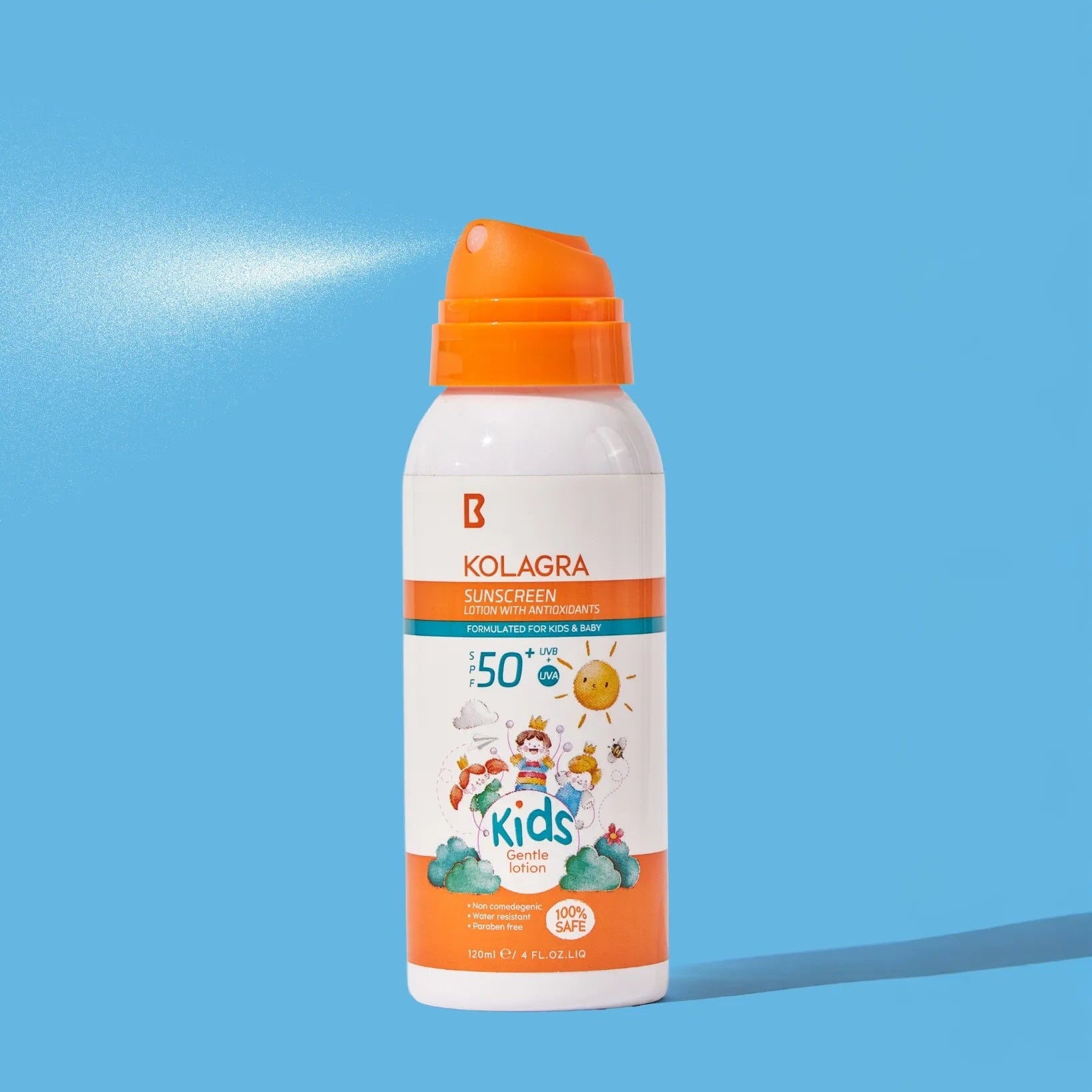 Kolagra sunscreen spray bottle with orange nozzle on a blue background
