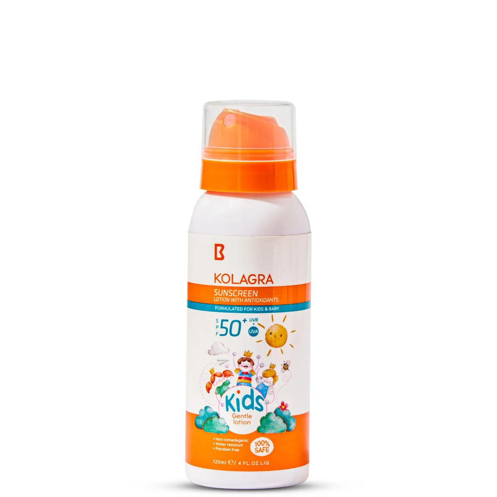 Kolagra sunscreen spray bottle for kids on a white background